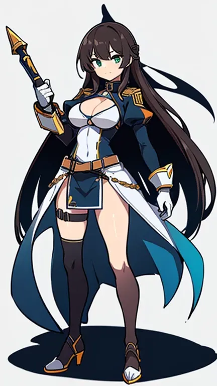 (((Best Quality))) , ((full body)), female, reference sheet, solo, (white background), holding weapon, gloves, trench skirt, belt, standing, casual dress, bikini, side slit skirt, gloves, blue, orange, green, violet, brown, white,
