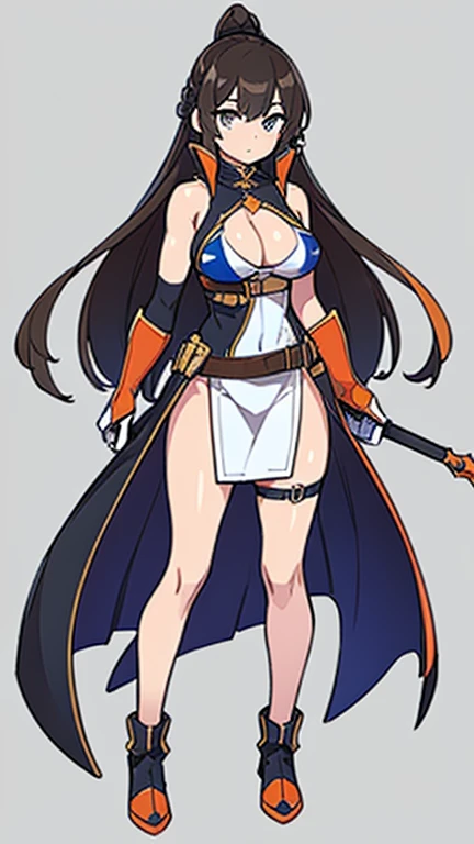 (((Best Quality))) , ((full body)), female, reference sheet, solo, (white background), holding weapon, gloves, trench skirt, belt, standing, bikini, side slit skirt, gloves, blue, orange, green, violet, brown, white, bare shoulder,
