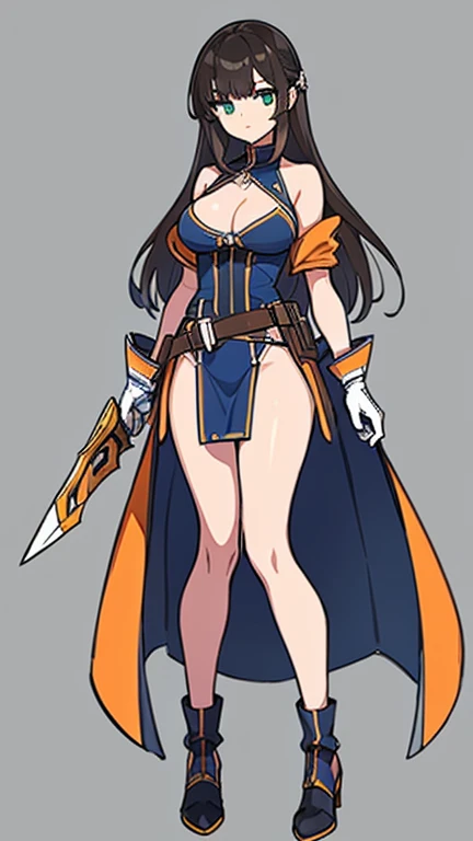 (((Best Quality))) , ((full body)), female, reference sheet, solo, (white background), holding weapon, gloves, trench skirt, belt, standing, bikini, side slit skirt, gloves, blue, orange, green, violet, brown, white, bare shoulder,
