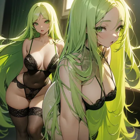 (((Light Skin Woman))),(((Light green, long hair without bangs))),(((voluminous and curvy body))),(((Lime green eyes))),(((Alone))),(((Wearing black lace lingerie)))