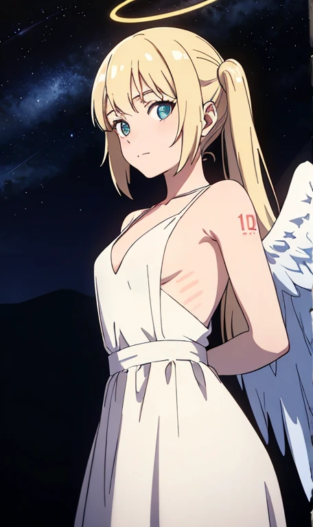 masterpiece, best quality, hatsune miku, white gown, angel, angel wings, golden halo, dark background, upper body, (closed mouth:1.2), looking at viewer, arms behind back, blue theme, stars, starry night, rock shocker alternative anime, cyber girl, style, ...