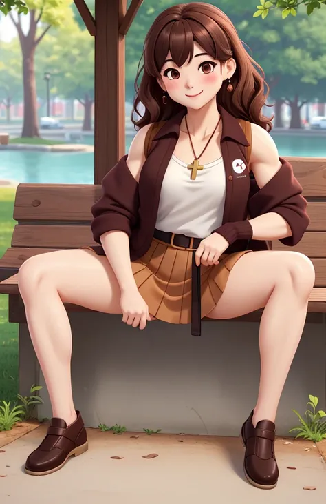 attractive korean woman, ripped muscle, muscular body, small breast, pale skin, smile(blush), sundress, cross pendant,[ultra detailed skin:1.2], brown hair, wavy hair, 8k uhd, full body, crowd, public, park, sitting, spread legs,