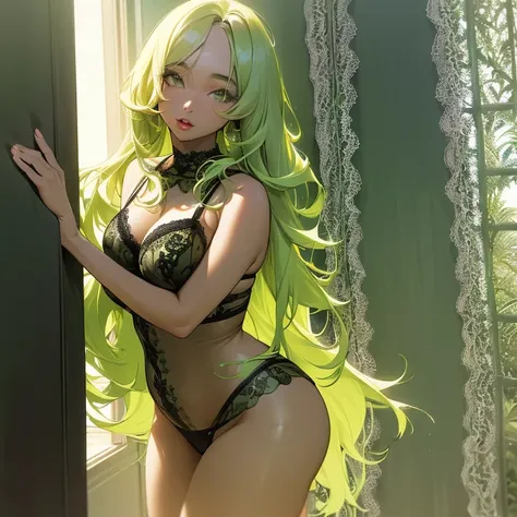 (((Light Skin Woman))),(((Light green, long hair without bangs))),(((voluminous and curvy body))),(((Lime green eyes))),(((Alone))),(((Wearing black lace lingerie)))