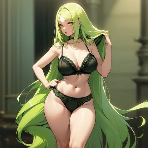 (((Light Skin Woman))),(((Light green, long hair without bangs))),(((voluminous and curvy body))),(((Lime green eyes))),(((Alone))),(((Wearing black lace lingerie)))