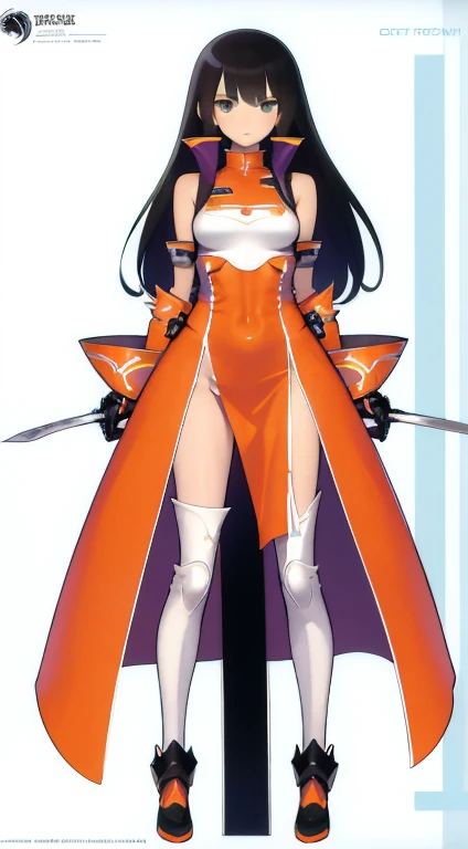 (((Best Quality))) , ((full body)), female, character design, solo, (white background), holding sword, gloves, thigh high, side slit trench skirt, blue, orange, green, violet, brown, white, colorful outfit, bare arms, bare waist, standing, backless casual ...