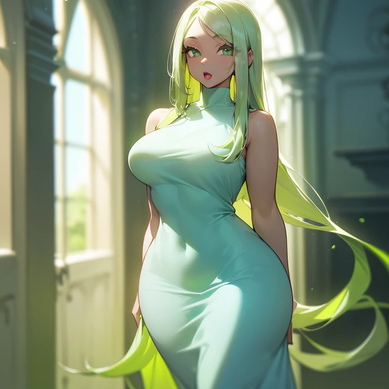 (((Light Skin Woman))),(((Light green, long hair without bangs))),(((curvy body))),(((Lime green eyes))),(((Alone))),(((Wearing a light blue dress)))