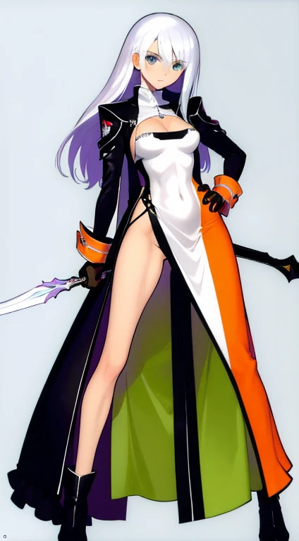 (((Best Quality))) , ((full body)), female, character design, solo, (white background), holding sword, gloves, thigh high, side slit trench skirt, blue, orange, green, violet, brown, white, colorful outfit, bare waist, standing, backless casual dress, biki...