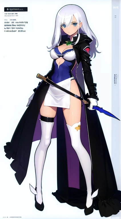 (((Best Quality))) , ((full body)), female, character design, solo, (white background), holding sword, gloves, thigh high, side slit trench skirt, blue, orange, green, violet, brown, white, colorful outfit, bare waist, standing, backless casual dress, biki...