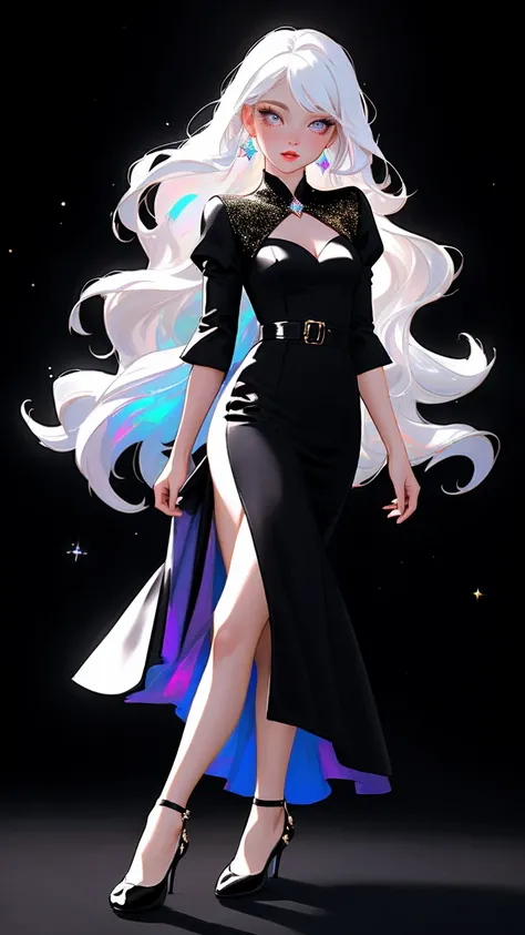 {-erro_de_anatomia:1.0} masterpiece, highest quality, (perfect face:1.1, (high detail)1.1, sweet stardust vampire , long soft white hair, opal eyes, perfectly drawn face, black dress, black background, prismatic lighting, glitter, whole body, cristal shoes...