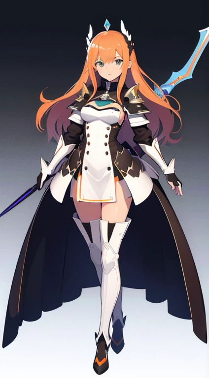 (((Best Quality))) , ((full body)), female, reference sheet, solo, (white background), holding sword, gloves, waist armor, thigh high, side slit trench skirt, blue, orange, green, violet, brown, white, colorful outfit, casual dress, bikini,