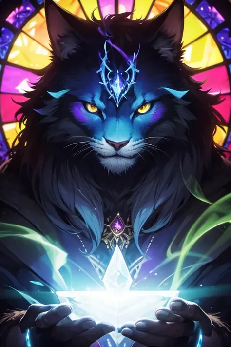 (fantasy)(colorful stained glass, volumetric lighting backlighting good lighting, colorful refraction)depth of field(highly detailed beautiful face and eyes)perfect anatomy(furry beastman)