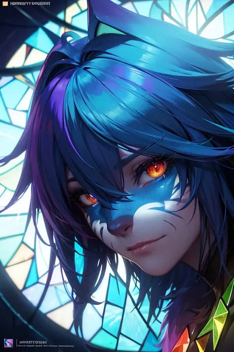 (fantasy)(colorful stained glass, volumetric lighting backlighting good lighting, colorful refraction)depth of field(highly detailed beautiful face and eyes)perfect anatomy(furry beastman)