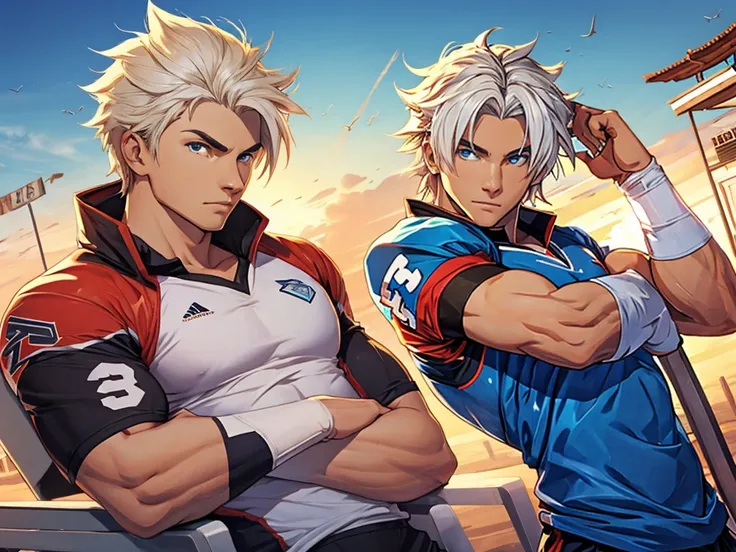 A 17-year-old male character,football player , short white hair in a gradient style, corpo musculoso mais na medida, que seja extremamente lindo,sem camisa em uma pose sexy.