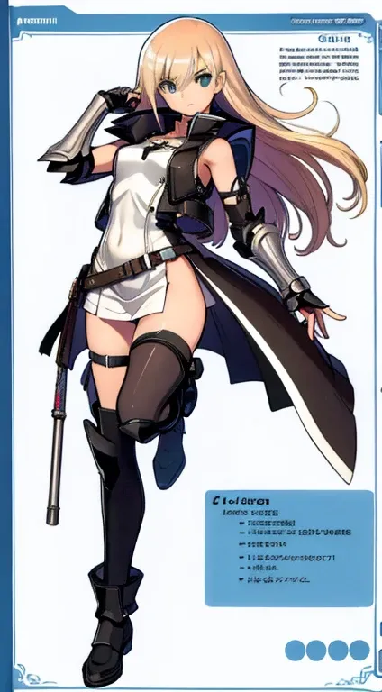 (((Best Quality))) , ((full body)), female, character design, solo, (white background), holding axe, gauntlets, waist armor, thigh high, side slit trench skirt, blue, orange, green, violet, brown, white, tactical vest, short pants,