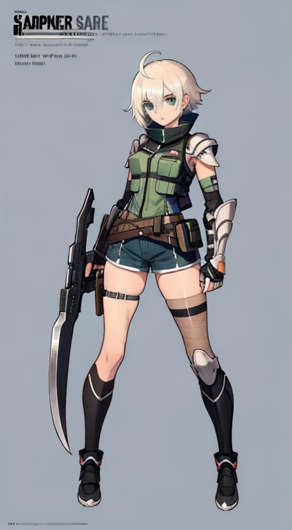 (((Best Quality))) , ((full body)), female, character design, solo, (white background), holding axe, gauntlets, waist armor, thigh high,  blue, orange, green, violet, brown, white, tactical vest, short pants, 