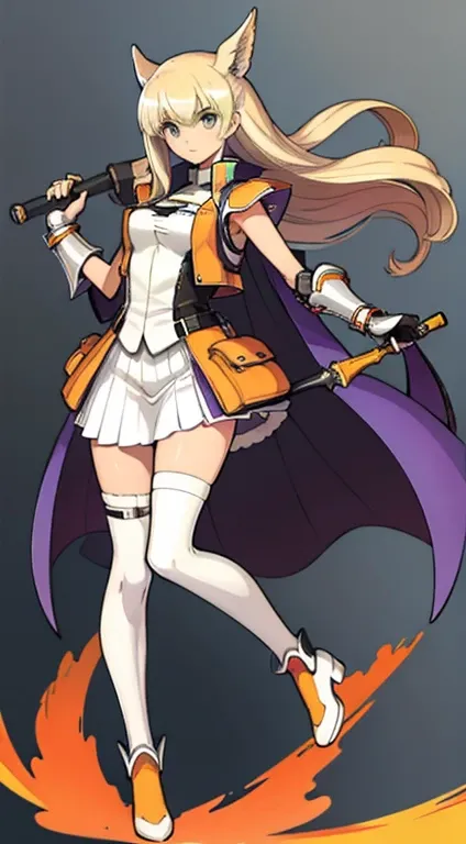 (((Best Quality))) , ((full body)), female, character design, solo, (white background), holding axe, gauntlets, thigh high, trench skirt, blue, orange, green, violet, brown, white, tactical vest,
