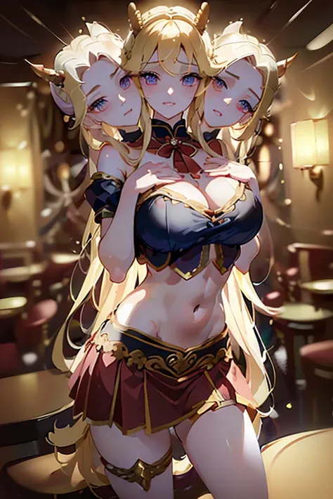 (masterpiece, best quality), (3heads:1.5), 1girl, (medicine melancholy:1.3), masterpiece, best quality, black top, crop top, ((stomach)), midriff, ((groin)), red skirt, normal ears, shackles, blonde hair, very long hair, wavy hair, sidelocks, blue eyes, pa...