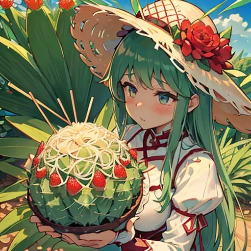 Extra large lattice artificial flower hat girl covered strawberry parfait ramen armor serving a extra large cactus、amazing dynamism、amazing angle、unstable buoyancy sandstorm、((Lots of friendly oversized dead leaves to fly and chase))))((Wear each other&#39...