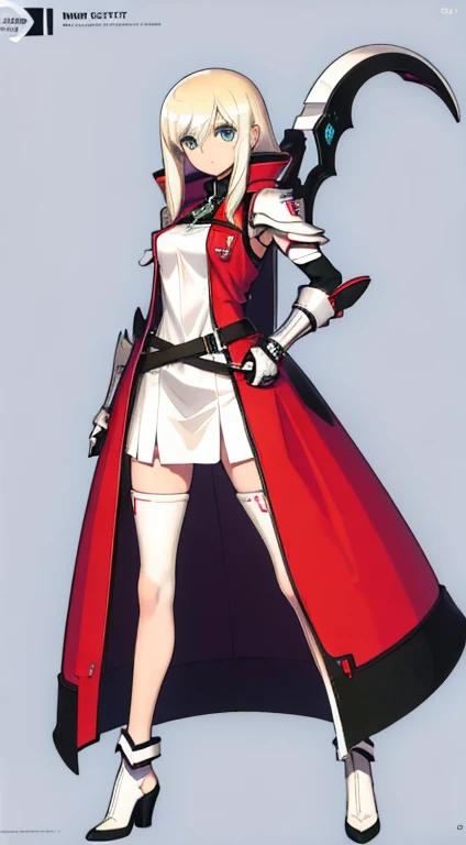 (((Best Quality))) , ((full body)), female, character design, solo, (white background), holding axe, gauntlets, waist armor, thigh high, side slit trench skirt, blue, orange, green, violet, brown, white, tactical vest, letard,