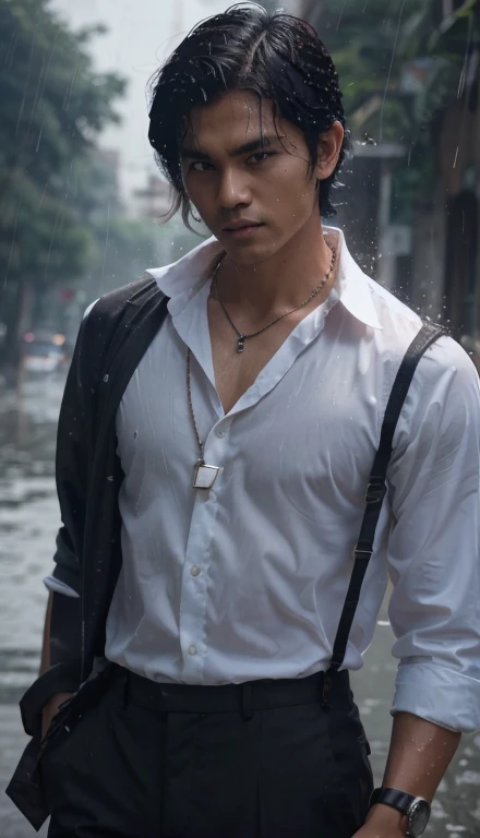 Indonesian man, handsome, black hair, coma hair cut, clean skin, white shirt, hot, rain, athletic body, give a black necklace, highly detail, realistic, brightly, 70mm lens.