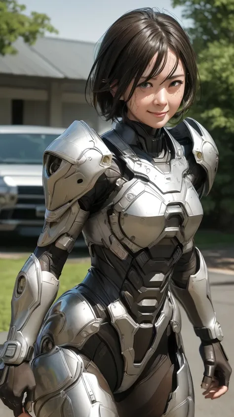 rough skin, Super detailed, advanced details, high quality, 最high quality, High resolution, 1080P, hard disk, beautiful,(War Machine),beautifulサイボーグの女性,Dark green,battleing,Girl with a Mecha Body,、Junior high school girls　Very short hair、sweaty brown eyes、...