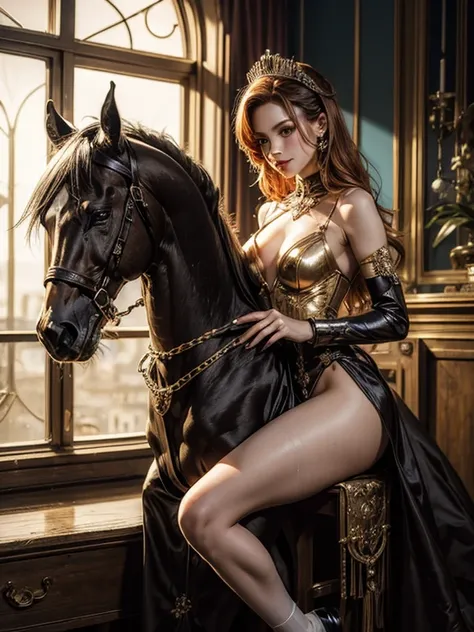 steampunk princess on an artificial horse,transparent , lovely,beauty,overknee  satin socks, all in very detailed steampunk style,photorealistic,dynamic light,sweet smile,beautiful,hot,transparent shiny satin,colourful sexy outfit,sweat body,Erotic, ginger...