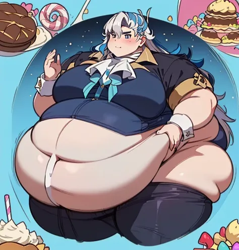 masterpiece, ((best quality)), ((Very Detailed) ,1boy, neuvillette, long hair, blue hair, suit ,ascot, Beautiful face and Eyes:1.4,  background: Candyland,(high_aesthetic), ((WeightImmobile:1.6)), ((Wide Hips:1.3)), ((Large  Round Belly:1.5)), Thick thighs...