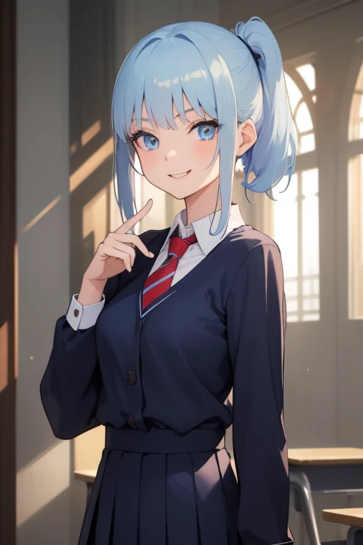 ((highest quality)), ((masterpiece)), (be familiar with), perfect face、masterpiece, highest quality, hand , super detailed, 1 girl, alone, Are standing,very thin light blue hair,  bad , blue eyes, bangs,break, （white shirt）, （tie）, stare, smile, (Evil:1.2)...