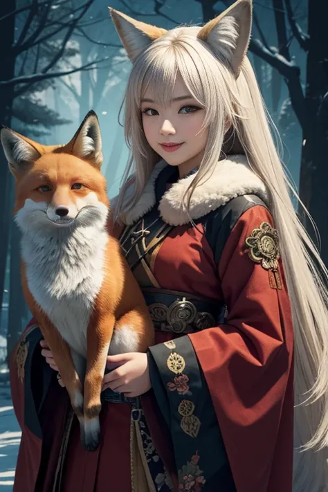 1girl,solo, happy smiling official art, unity 8k wallpaper, ultra detailed, beautiful and aesthetic, beautiful, masterpiece, best quality, Kitsune witch, fox mask, haori jacket, foxfire spell, fox familiar, transformation,depth of field,