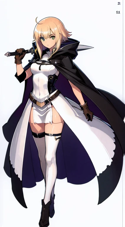 (((Best Quality))) , ((full body)), female, character design, solo, (white background), holding sword, gloves, cloak, thigh high, side slit trench skirt, blue, orange, green, violet, brown, white, colorful outfit,