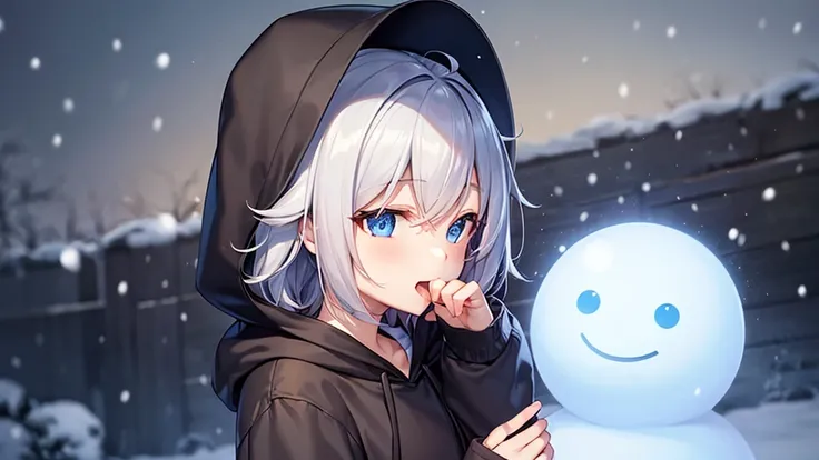 (muste piece: 1.2, highest quality), 1 female, alone, silver hair,show your shoulders,very short hair, long bangs between eyes, blue eyes,eyes are black, hoodie,gray hair, silver hair, hoodie, 白いフードhoodie、snow scene、laughter、Build a snowman、open your mouth...