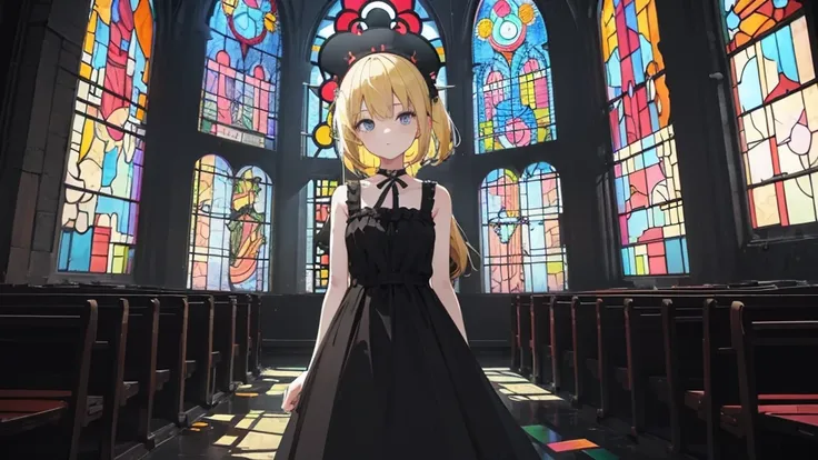 (1 girl, blonde hair, black sundress, kawaii), (abandoned church, stained glass), (low contrast, flat color, limited palette)
