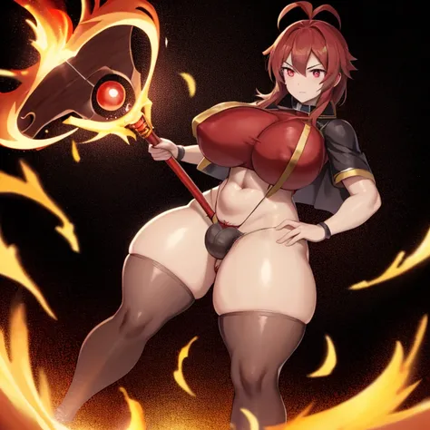 Megumin, magical explosion, fiery red hair, detailed eyes, staff in hand, confident and determined expression, black cloak billowing in the wind, intense battle pose, arcane symbols glowing, majestic background, sparks and flames, vibrant colors, high cont...