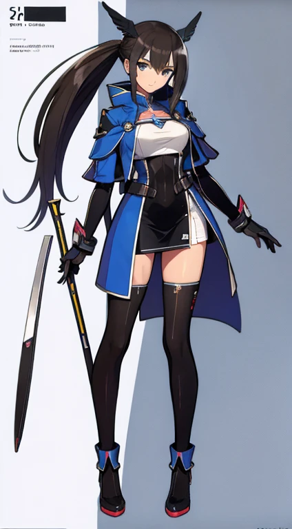 (((Best Quality))) , ((full body)), female, character design, solo, (white background), holding staff, gloves, capelet, thigh high, side slit trench skirt, blue, orange, green, violet, brown, white, colorful outfit, standing pose, rib knit,