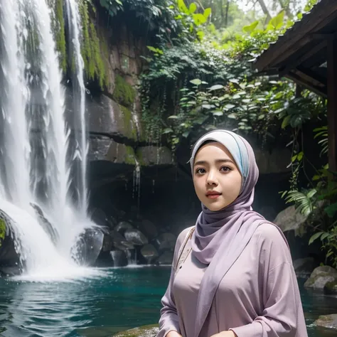 ((Mira filzah actress Malaysia)) face Malay women wearing hijab in the waterfall,(( cubby body)), ((hyper realistic picture)) 