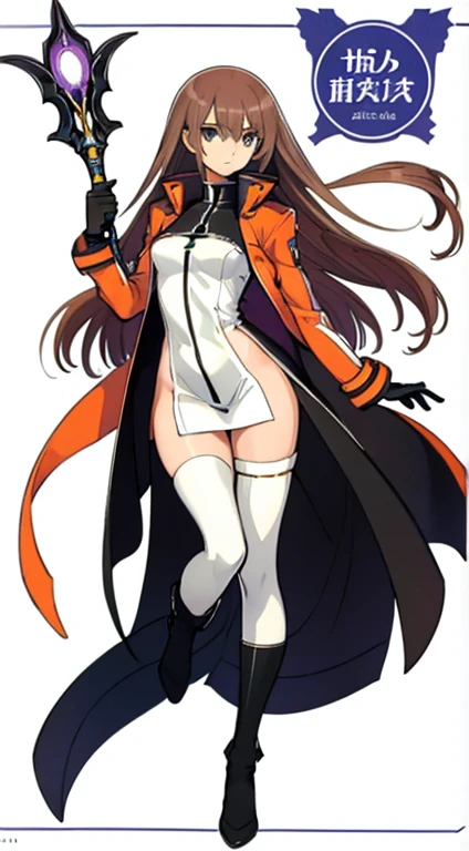 (((Best Quality))) , ((full body)), female, character design, solo, (white background), holding staff, gloves, jacket, thigh high, side slit trench skirt, blue, orange, green, violet, brown, white, colorful outfit, standing pose, rib knit,