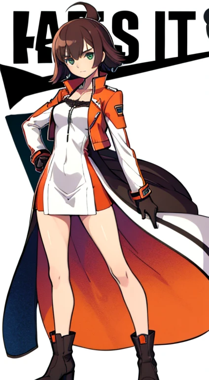 (((Best Quality))) , ((full body)), female, character design, solo, (white background), holding staff, gloves, jacket, side slit trench skirt, blue, orange, green, violet, brown, white, colorful outfit, standing pose, rib knit,