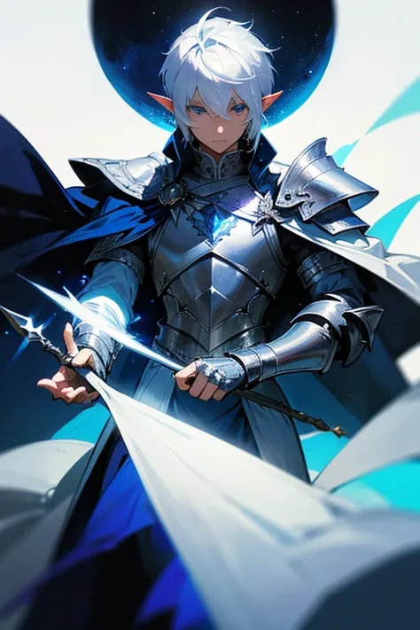 ultra-detailed, pointy ears, white hair, blue eyes, short hair, wears silver armor on the chest, on the sleeves, wears white fabric up to the hands, wears silver bracelets on both hands, wears white fingerless gloves, wears a blue cape with decorations gol...