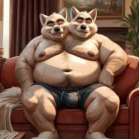 two heads one body, white fox, identical, fat, old, living room background, anatomically correct eyes, shirtless, nipples, underpants, navel, sweaty, hairy, gross, sitting on couch, Disney style, rugged style, dirty style