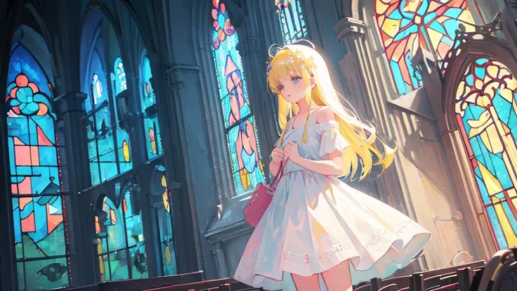 (1 girl, blonde hair, white sundress, angel, kawaii), (abandoned church, stained glass)