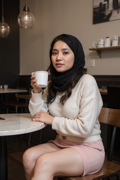 Malay women, 41 years old, wearing pink full covered hijab, white loose sweater, wearing black long skirt, sitting and relaxing, enjoying coffee in a classy cafe. Epic realism