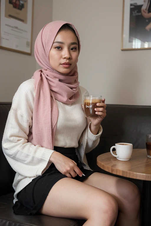 young Malay women, wearing pink full covered hijab, white loose sweater, wearing black long skirt, sitting and relaxing, enjoying coffee in a classy cafe. Epic realism