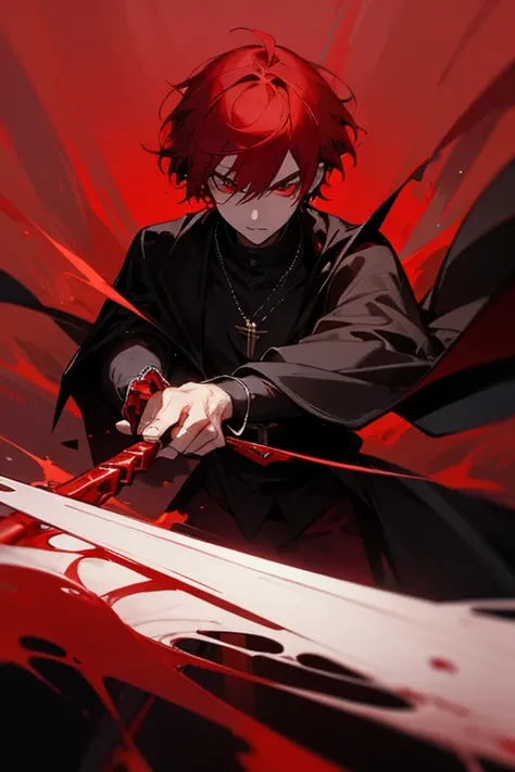 ultra-detailed, vampire, male, red eyes, red hair, short hair, wears a black outfit with red adornments, wears a necklace with a rosary, wears a black cape with red adornments, in his hand is a blood sword , the cloth is a crimson sky, a face, ethereal lig...