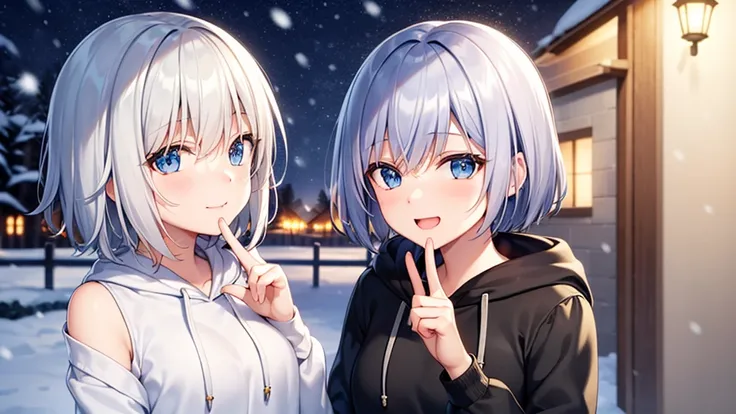 (muste piece: 1.2, highest quality), 1 female, alone, silver hair,show your shoulders,very short hair, long bangs between eyes, blue eyes,eyes are black, hoodie,gray hair, silver hair, hoodie, 白いフードhoodie、snow scene、laughter、Build a snowman、open your mouth...