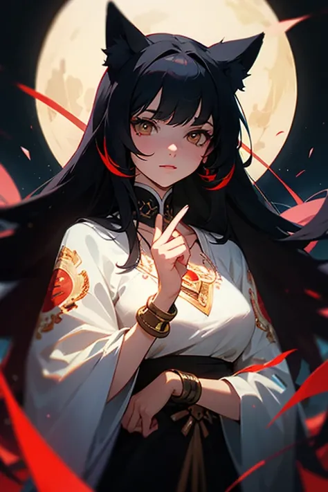 ultra-detailed, woman, cat ears, white eyes, black hair, long hair, wears white clothes with red decorations, wears a gold bracelet on her left hand, on her right hand she wears a red bracelet, the cloth is the moon , a face, ethereal lighting, mystical at...