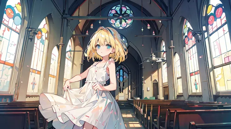 (1 girl, blonde hair, white sundress, kawaii), (abandoned church, stained glass)