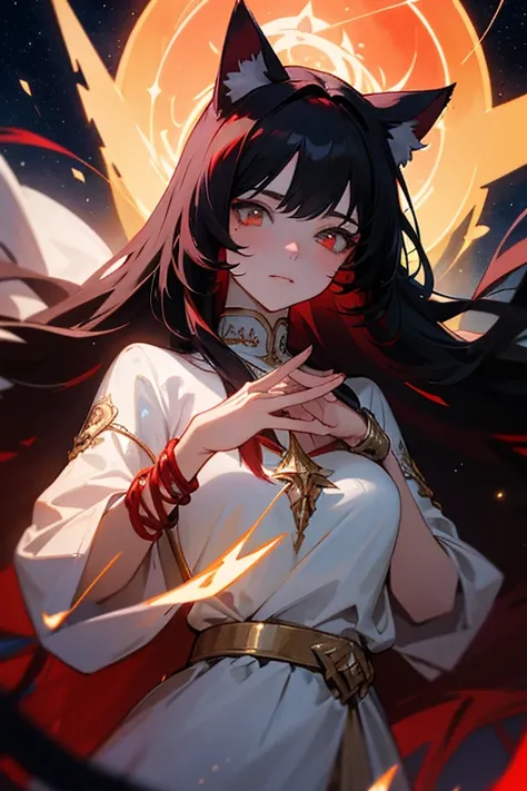 ultra-detailed, woman, cat ears, white eyes, black hair with red tips, long hair, wears white clothes with red decorations, wears a gold bracelet on her left hand, on her right hand she already wears a red bracelet, the cloth and a starry sky, a face, ethe...