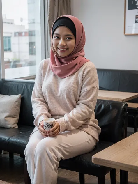 Young Malay women, wearing pink full covered hijab, white loose sweater, black long slacks, sitting and relaxing, enjoying coffee in a classy cafe, smiling