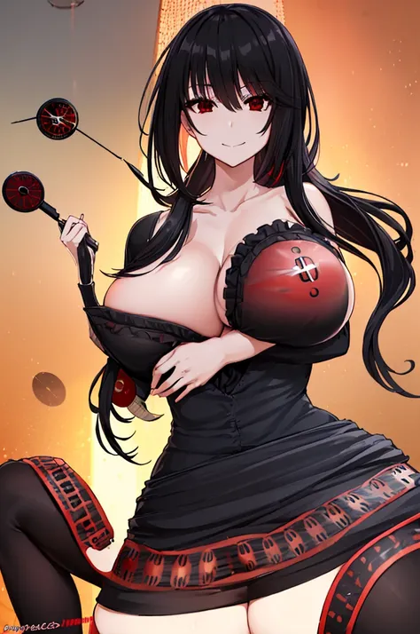 kurumi tokisaki, black hair, ponytales, hair over one eyes, (one red eyes:1.5), (one clock eyes:1.5), (big breast:1.6), smile, cute, gothic, dress, pantyhose, black pantyhose, (masterpiece), best quality, high resolusion, (beautiful detailed eyes:1.3), (pe...