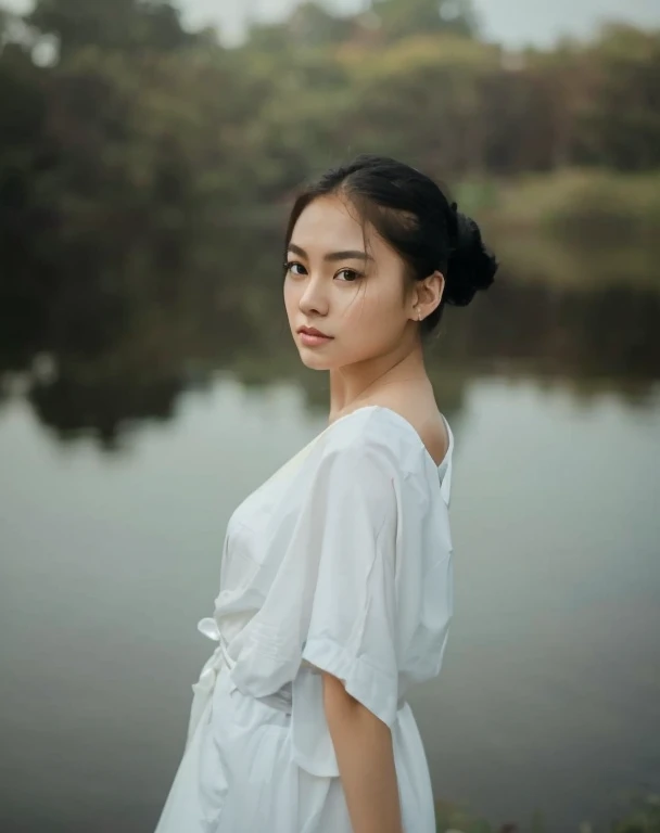 a woman standing in front of a body of water, pexels contest winner, asian nymph bald goddess, trending on artstarion, portrait of modern darna, a beautiful teen-aged girl, inspired by Grace Polit, wearing a white hospital gown, by Zeen Chin, featured on a...